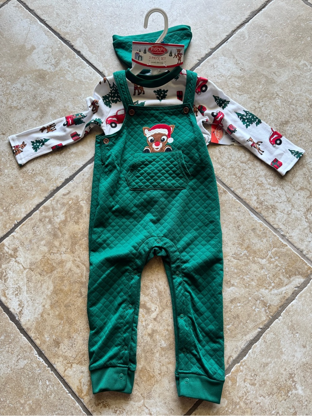 Rudolph the Red-nosed  Reindeer Quilted Green Overalls w/Matching Tee & Hat, 24M